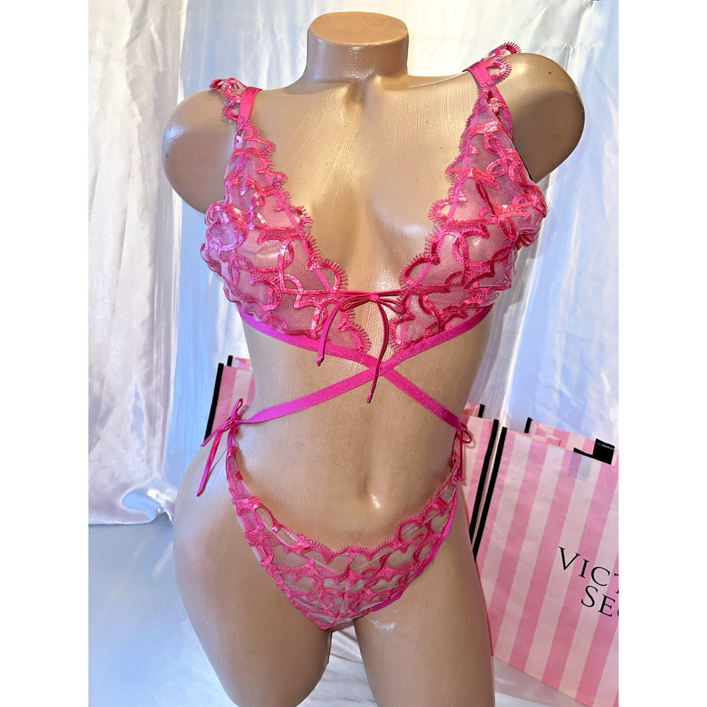Victorias Secret Thong Teddy Lingerie Pink Hearts XL BEAUTIFUL Rtl. $99